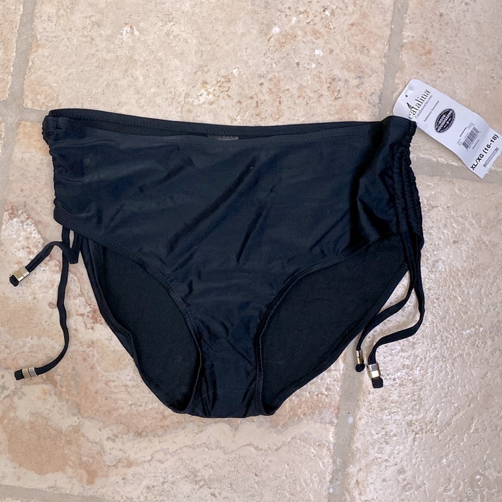 NWT Catalina Black Bikini Bottoms Womens XL Side Ties Rouched BATHING SUIT Beach